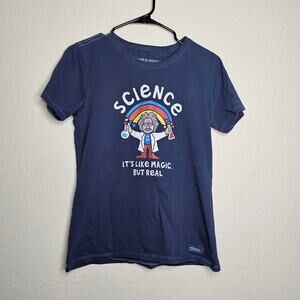 Life is good blue cotton crusher graphic tee women's size small "Science"